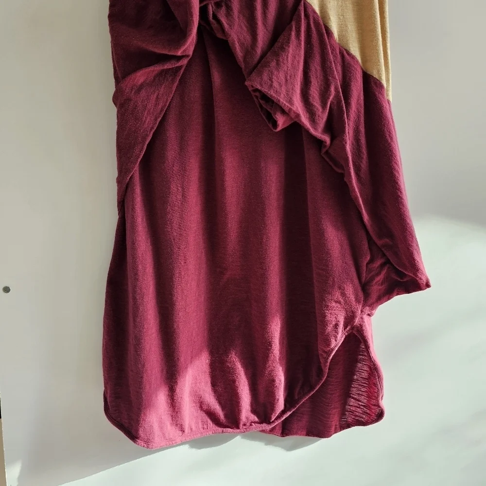 COVEN Brasil Color Block Draped Asymmetric Hem Midi Dress, Tan Burgundy , Size S